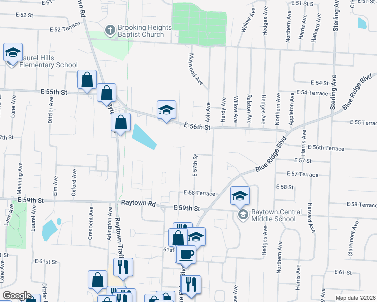 map of restaurants, bars, coffee shops, grocery stores, and more near 10105 East 56th Terrace in Raytown