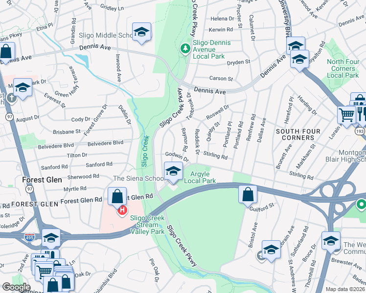 map of restaurants, bars, coffee shops, grocery stores, and more near 10006 Raynor Road in Silver Spring