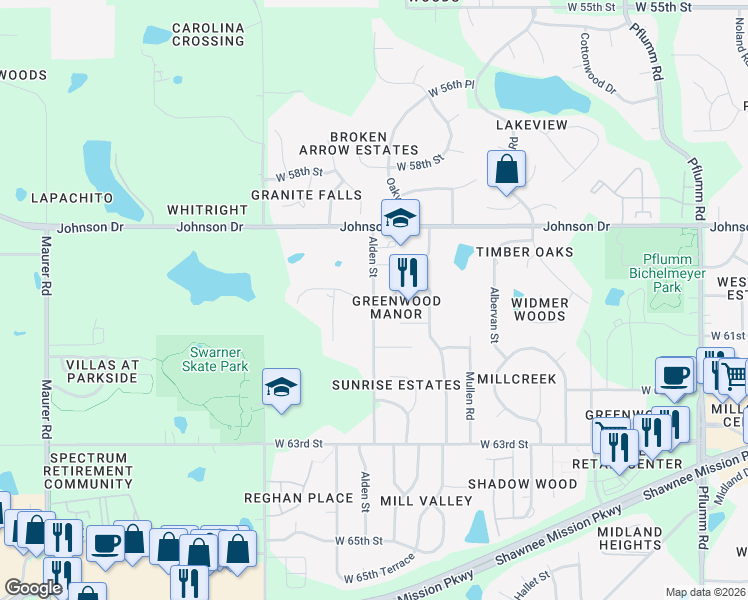 map of restaurants, bars, coffee shops, grocery stores, and more near 20811 West 60th Terrace in Shawnee