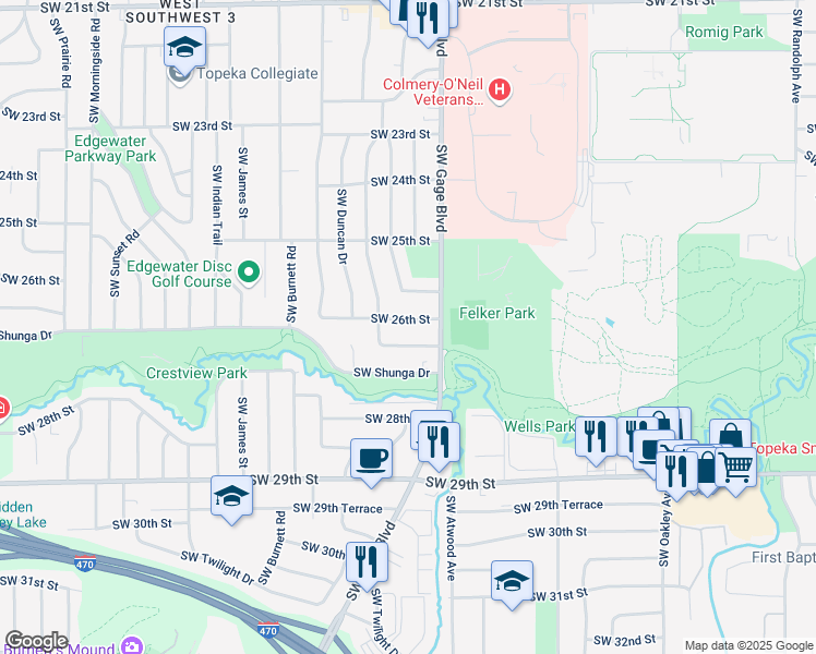 map of restaurants, bars, coffee shops, grocery stores, and more near 3917 Southwest 26th Street in Topeka