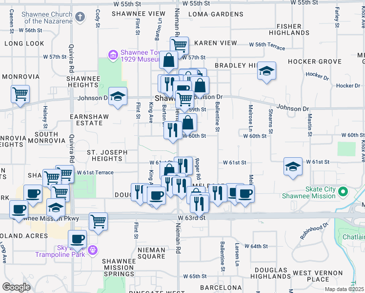 map of restaurants, bars, coffee shops, grocery stores, and more near 6000 Roger Road in Shawnee