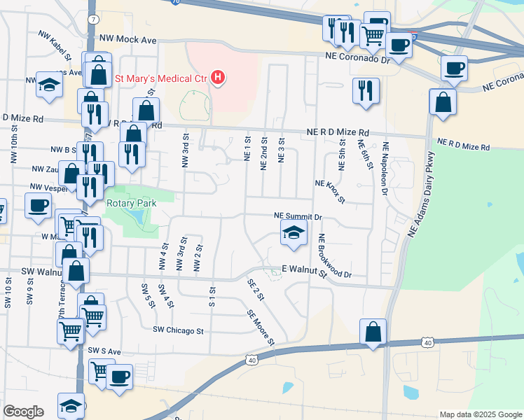 map of restaurants, bars, coffee shops, grocery stores, and more near 305 NE Summit Dr in Blue Springs