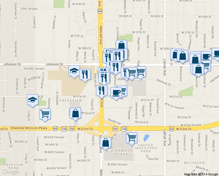 map of restaurants, bars, coffee shops, grocery stores, and more near 6015 Travis Lane in Mission