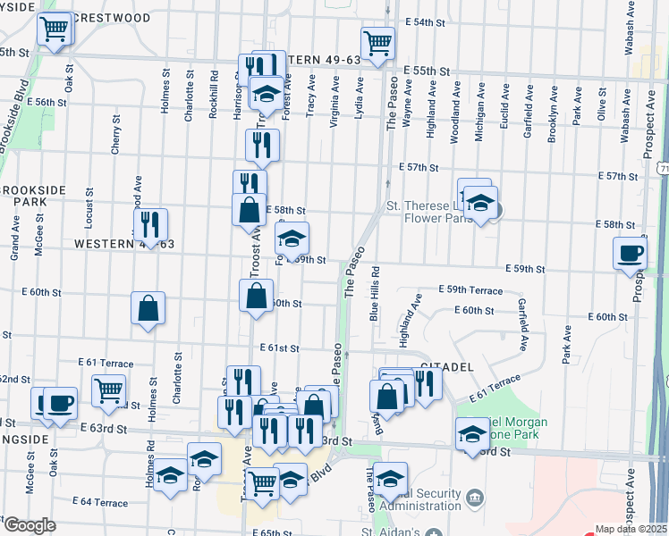 map of restaurants, bars, coffee shops, grocery stores, and more near 5904 The Paseo in Kansas City