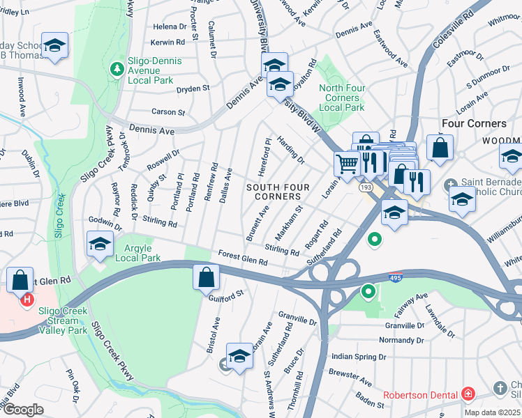 map of restaurants, bars, coffee shops, grocery stores, and more near 10020 Brunett Avenue in Silver Spring