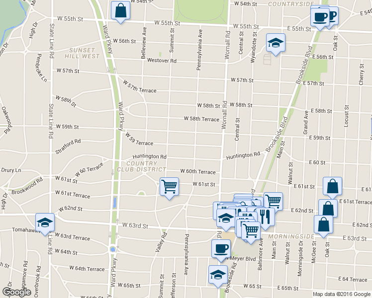 map of restaurants, bars, coffee shops, grocery stores, and more near 615 West 59 Terrace in Kansas City
