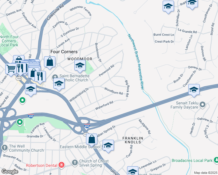 map of restaurants, bars, coffee shops, grocery stores, and more near 9927 Woodburn Road in Silver Spring