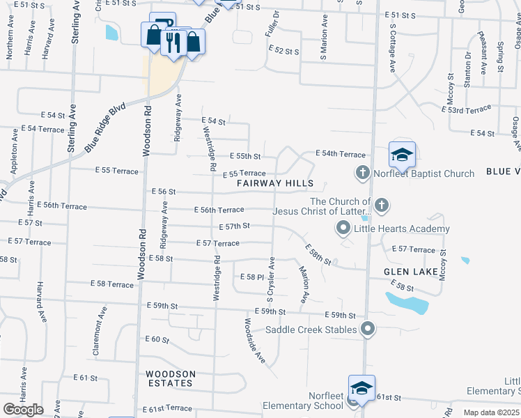 map of restaurants, bars, coffee shops, grocery stores, and more near 12215 East 56th Terrace in Kansas City