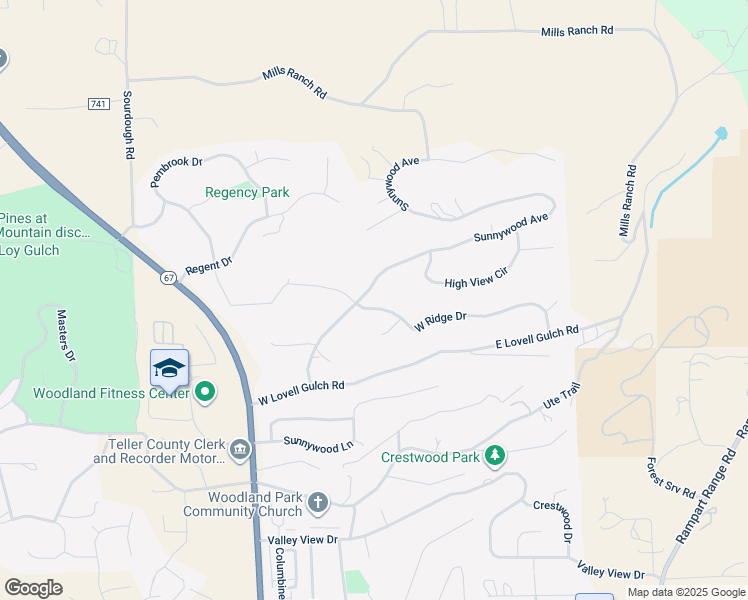 map of restaurants, bars, coffee shops, grocery stores, and more near 450 Ridge Drive in Woodland Park