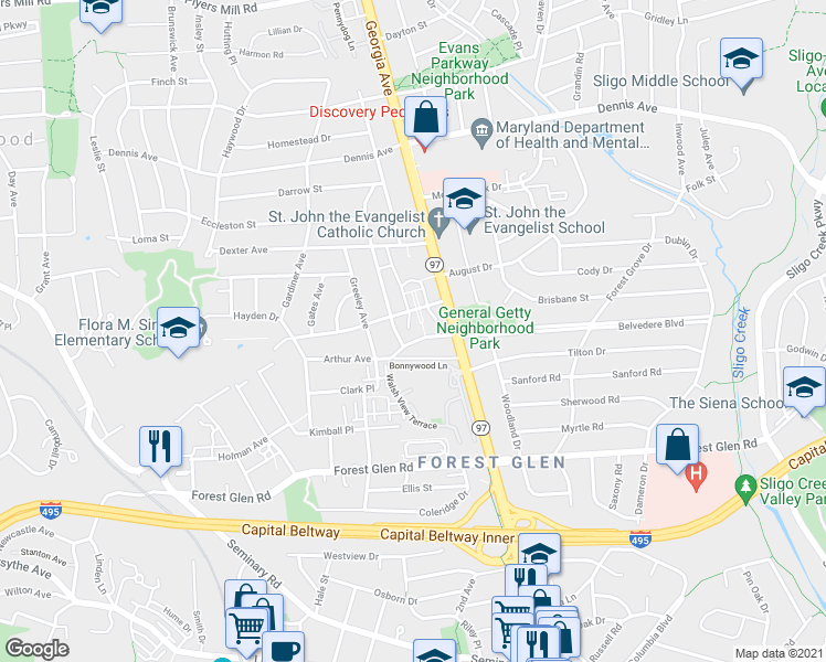 map of restaurants, bars, coffee shops, grocery stores, and more near 2111 Belvedere Boulevard in Silver Spring