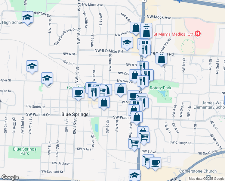 map of restaurants, bars, coffee shops, grocery stores, and more near 917 Northwest Summit Drive in Blue Springs