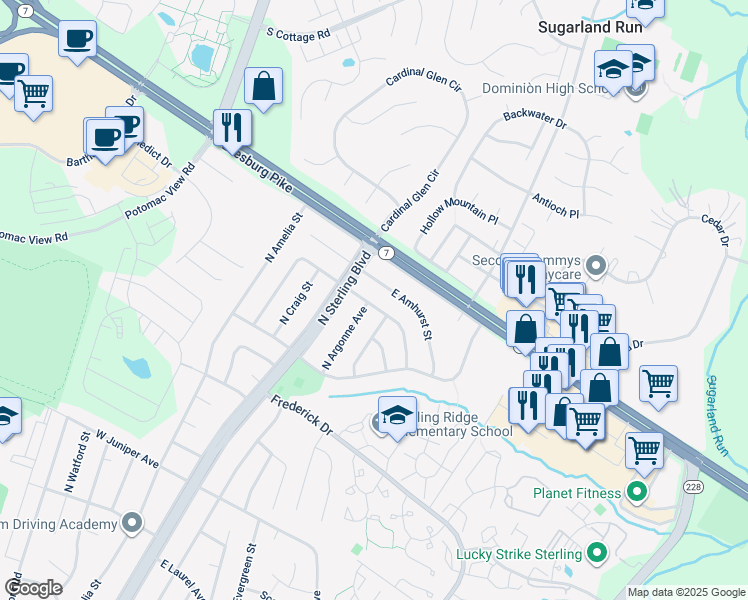 map of restaurants, bars, coffee shops, grocery stores, and more near 200 East Brunswick Street in Sterling