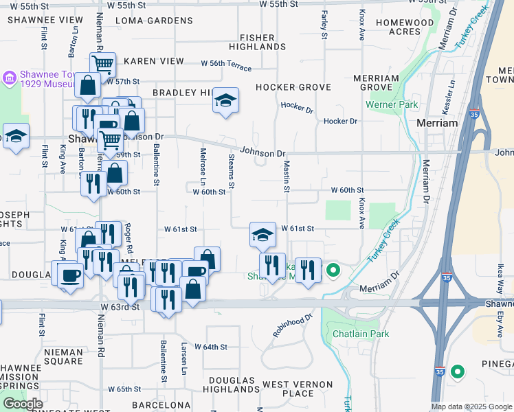 map of restaurants, bars, coffee shops, grocery stores, and more near 10225 West 60th Terrace in Shawnee