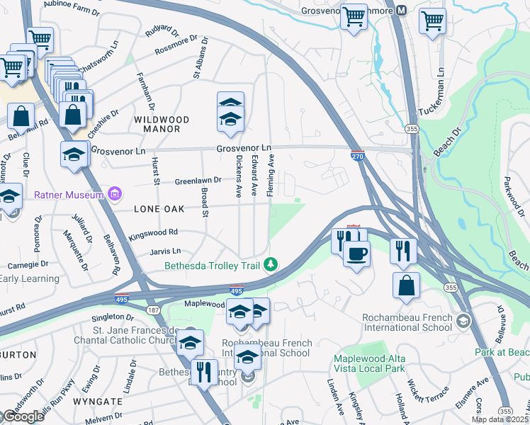 map of restaurants, bars, coffee shops, grocery stores, and more near 9932 Fleming Avenue in Bethesda