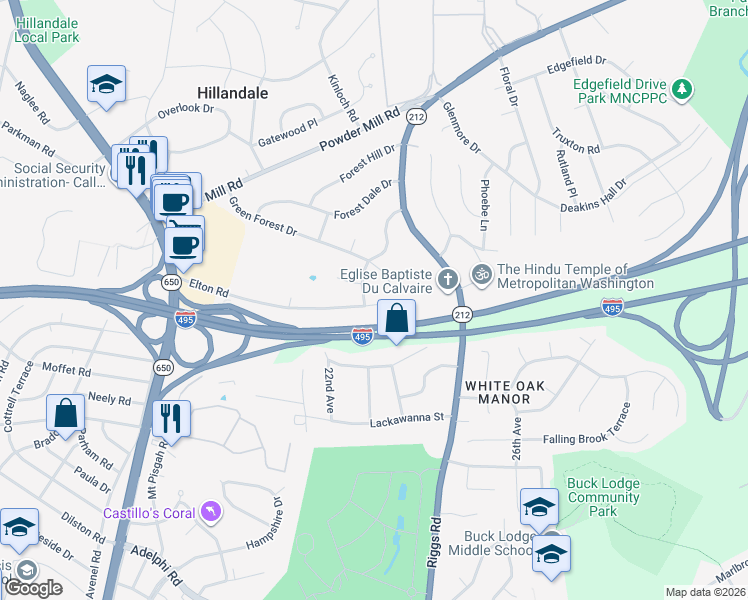 map of restaurants, bars, coffee shops, grocery stores, and more near 1900 Elton Road in Adelphi