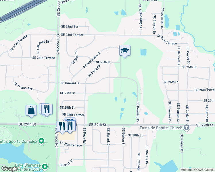 map of restaurants, bars, coffee shops, grocery stores, and more near 2637 Southeast Connie Drive in Topeka