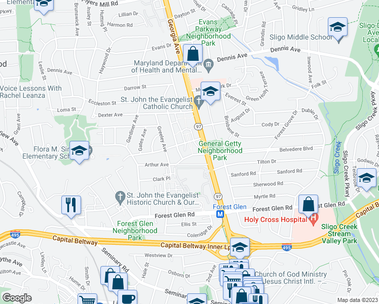 map of restaurants, bars, coffee shops, grocery stores, and more near 2107 Belvedere Boulevard in Silver Spring