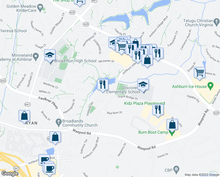 map of restaurants, bars, coffee shops, grocery stores, and more near 21572 Zuknick Terrace in Ashburn