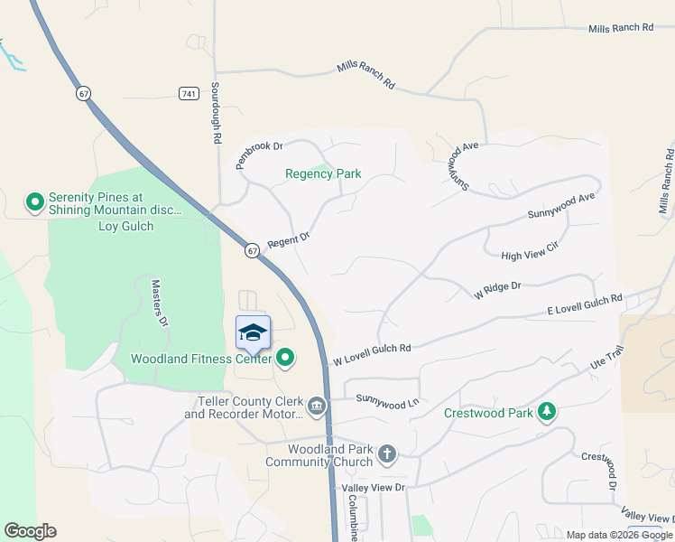 map of restaurants, bars, coffee shops, grocery stores, and more near 740 Sunnywood Place in Woodland Park