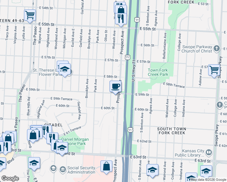 map of restaurants, bars, coffee shops, grocery stores, and more near 5840 Wabash Avenue in Kansas City