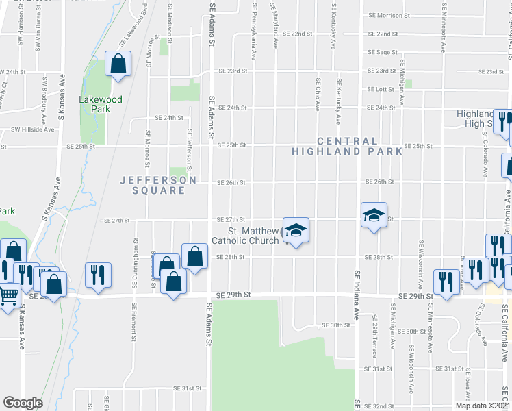 map of restaurants, bars, coffee shops, grocery stores, and more near 2634 Southeast Pennsylvania Avenue in Topeka