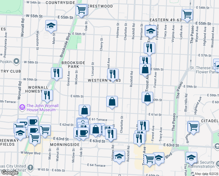 map of restaurants, bars, coffee shops, grocery stores, and more near 5915 Kenwood Avenue in Kansas City