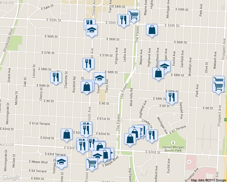map of restaurants, bars, coffee shops, grocery stores, and more near 5904 The Paseo in Kansas City