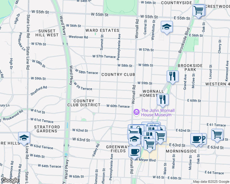 map of restaurants, bars, coffee shops, grocery stores, and more near 615 West 59 Terrace in Kansas City