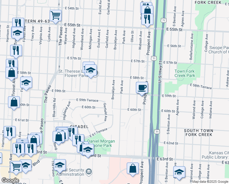 map of restaurants, bars, coffee shops, grocery stores, and more near 2200 East 59th Street in Kansas City