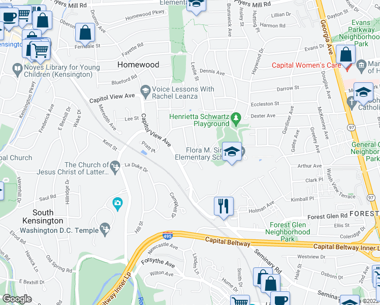 map of restaurants, bars, coffee shops, grocery stores, and more near 10001 Menlo Avenue in Silver Spring