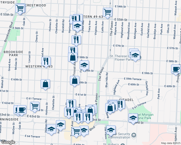 map of restaurants, bars, coffee shops, grocery stores, and more near 1301 East 59th Street in Kansas City