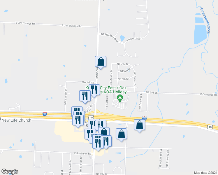 map of restaurants, bars, coffee shops, grocery stores, and more near 300 Northeast Austin Street in Oak Grove