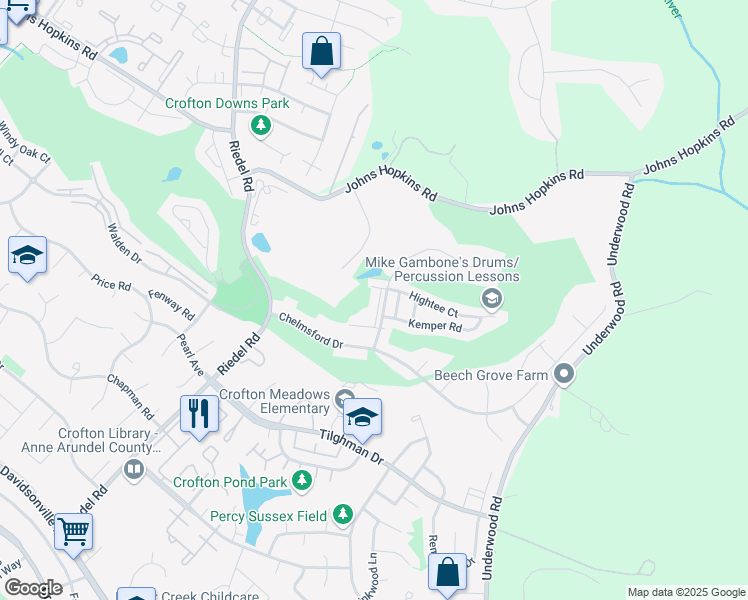 map of restaurants, bars, coffee shops, grocery stores, and more near 1528 Long Drive Court in Crofton