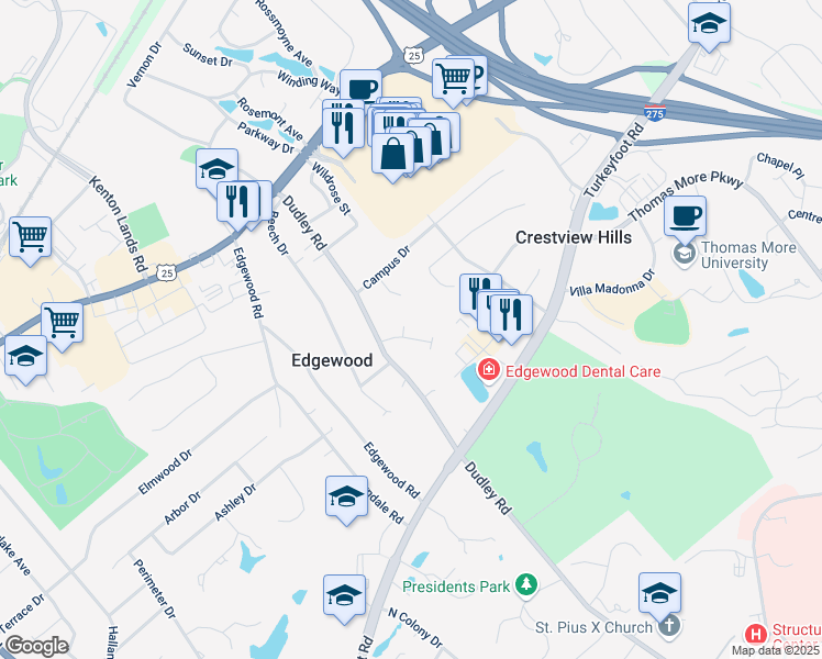 map of restaurants, bars, coffee shops, grocery stores, and more near 84 Francis Court in Edgewood
