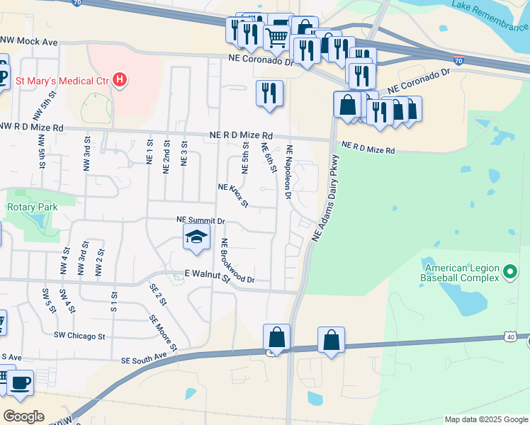 map of restaurants, bars, coffee shops, grocery stores, and more near 516 Northeast Knox Street in Blue Springs