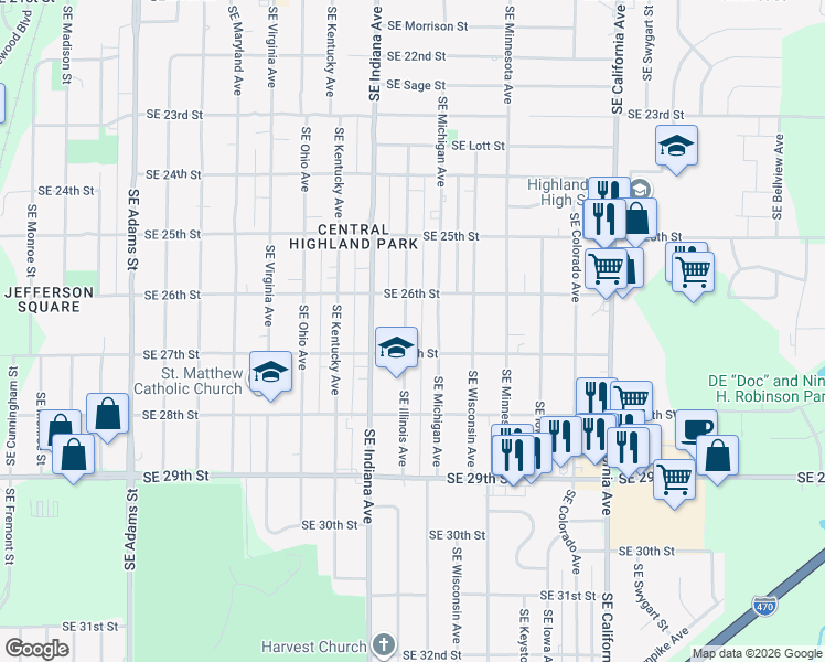 map of restaurants, bars, coffee shops, grocery stores, and more near 2630 Southeast Illinois Avenue in Topeka