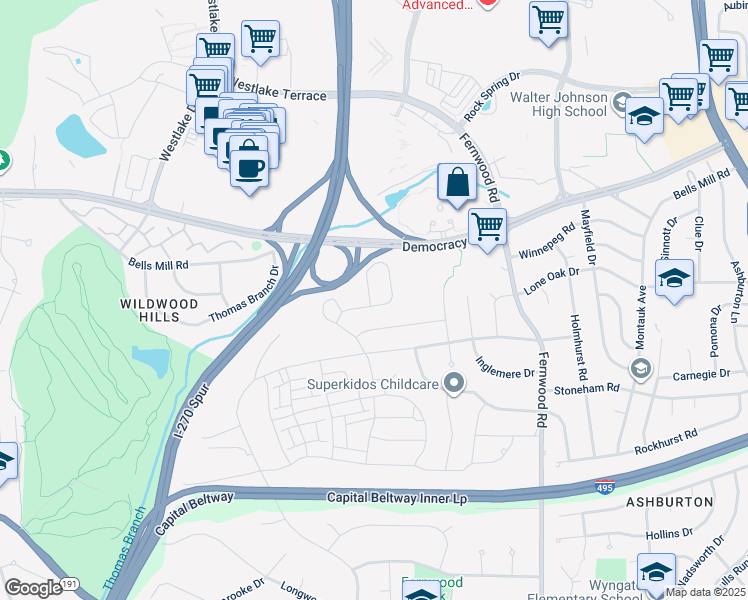 map of restaurants, bars, coffee shops, grocery stores, and more near 6701 Surreywood Lane in Bethesda