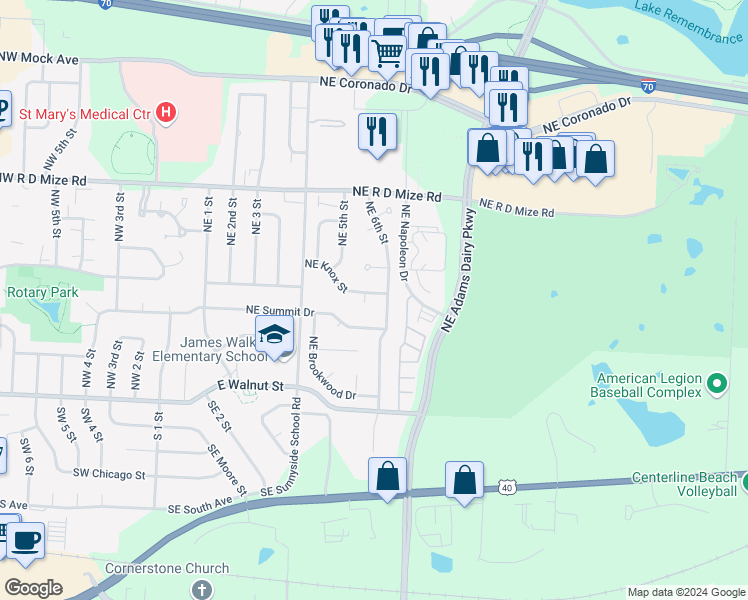 map of restaurants, bars, coffee shops, grocery stores, and more near 516 Northeast Knox Street in Blue Springs