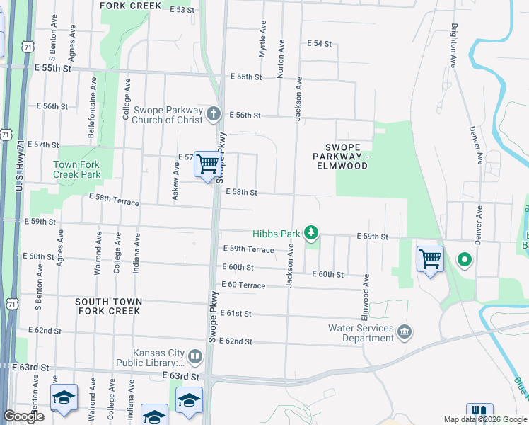 map of restaurants, bars, coffee shops, grocery stores, and more near 5830 Norton Avenue in Kansas City