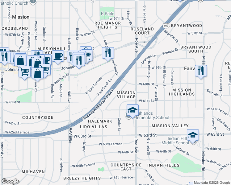 map of restaurants, bars, coffee shops, grocery stores, and more near 6030 Juniper Dr in Mission