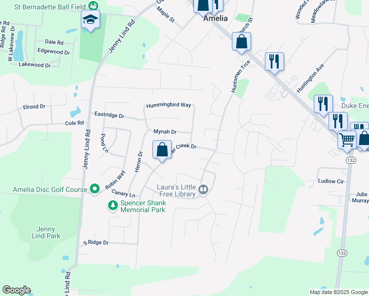 map of restaurants, bars, coffee shops, grocery stores, and more near 30 Deer Creek Drive in Amelia