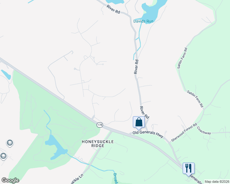 map of restaurants, bars, coffee shops, grocery stores, and more near 1620 Wyatts Ridge Road in Crownsville