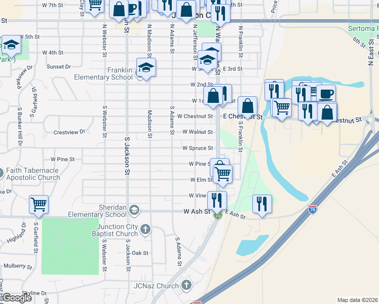 map of restaurants, bars, coffee shops, grocery stores, and more near 211 West Spruce Street in Junction City