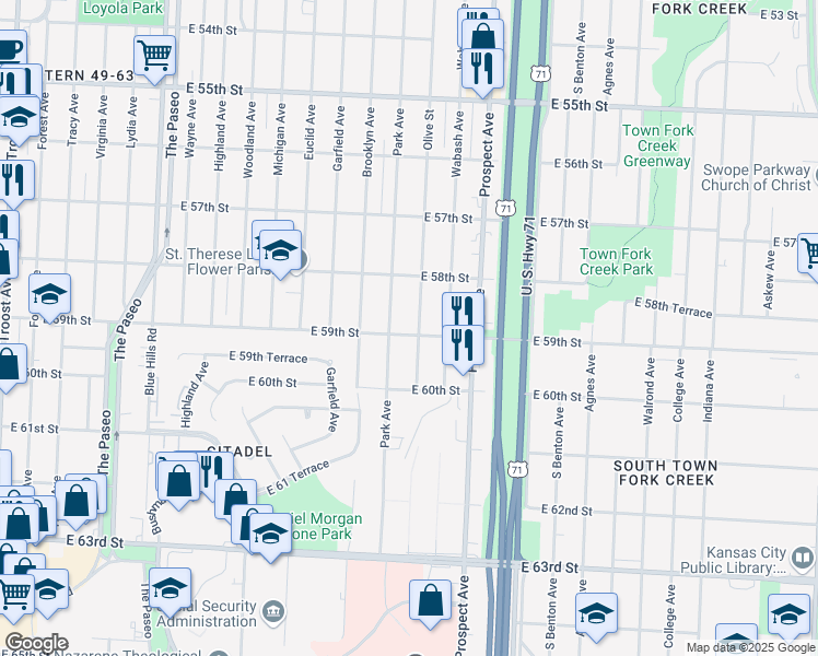 map of restaurants, bars, coffee shops, grocery stores, and more near 2308 East 59th Street in Kansas City