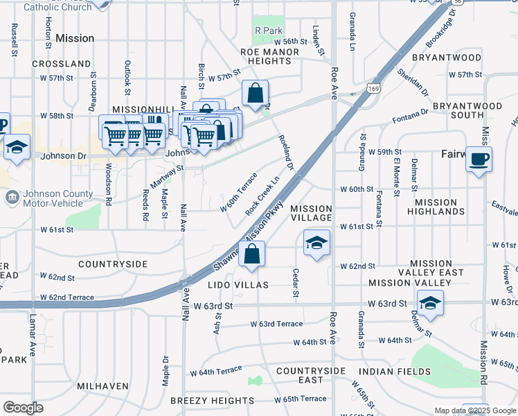 map of restaurants, bars, coffee shops, grocery stores, and more near 5039 Rock Creek Lane in Mission