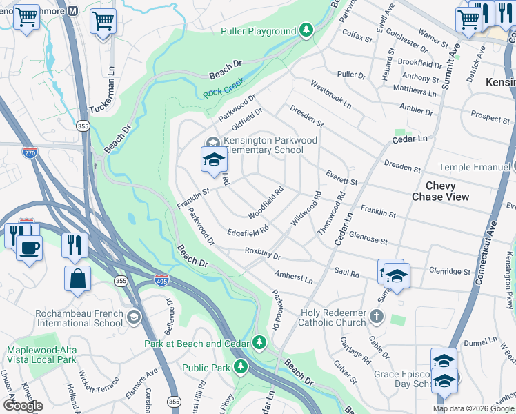 map of restaurants, bars, coffee shops, grocery stores, and more near 4609 Saul Road in Kensington