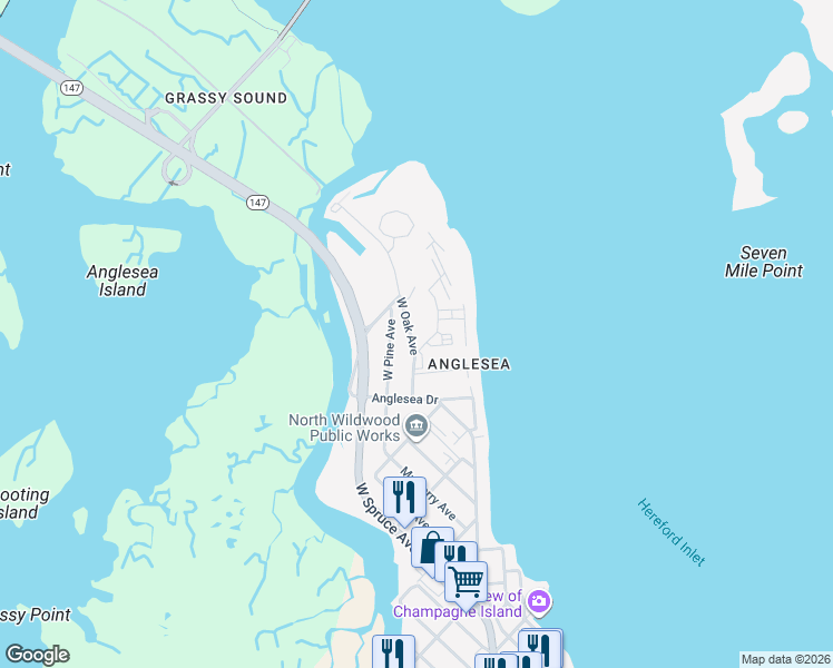 map of restaurants, bars, coffee shops, grocery stores, and more near 743 West Pine Avenue in North Wildwood