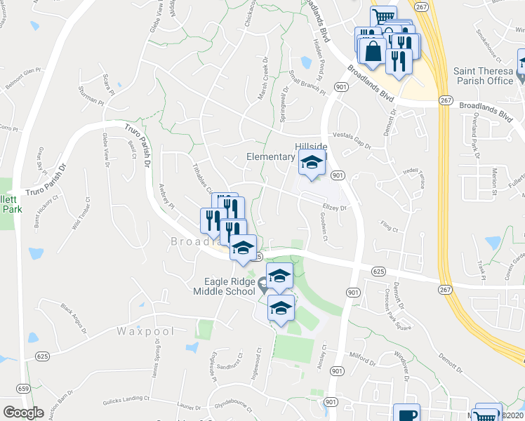 map of restaurants, bars, coffee shops, grocery stores, and more near 21574 Bankbarn Terrace in Broadlands