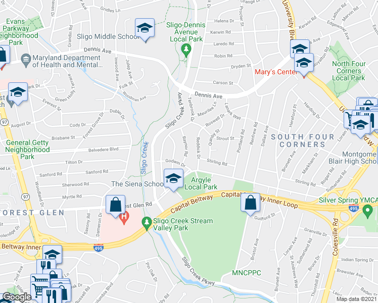 map of restaurants, bars, coffee shops, grocery stores, and more near 10009 Raynor Road in Silver Spring