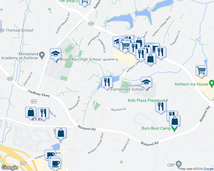 map of restaurants, bars, coffee shops, grocery stores, and more near 21556 Romans Drive in Ashburn